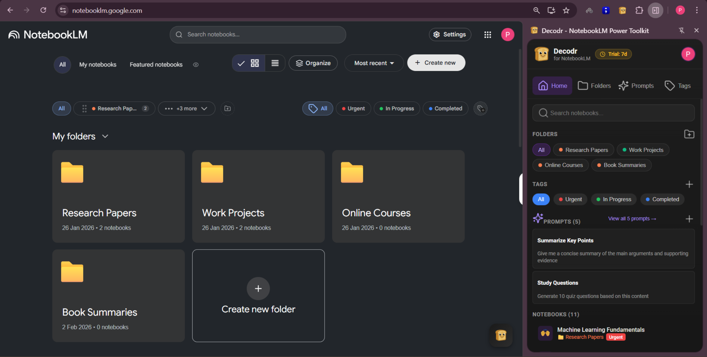 Decodr running inside NotebookLM — showing folders, tags, and prompts